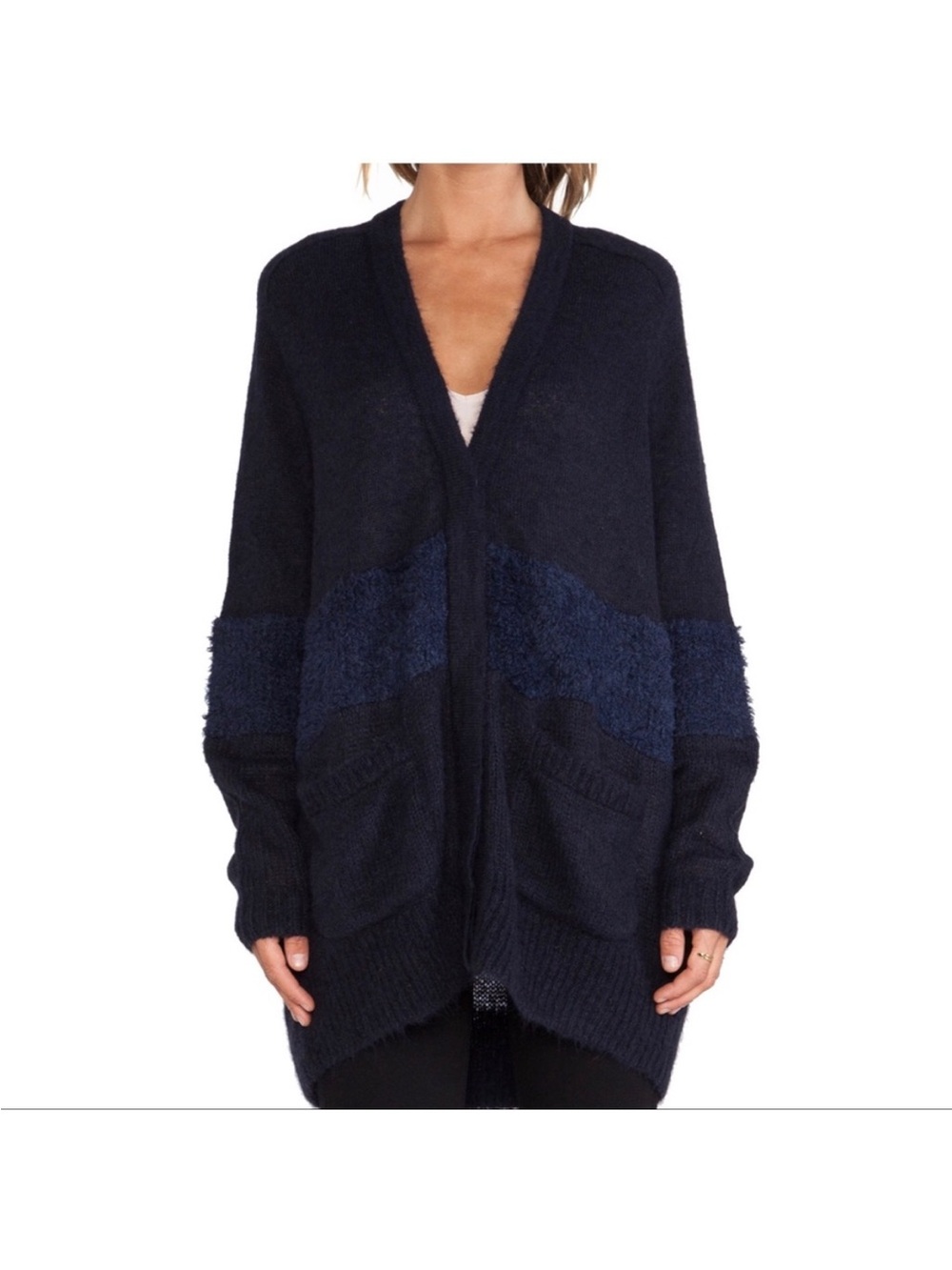 Tibi Mohair Oversized grandpa Cardigan Sweater in Navy fuzzy pockets buttons